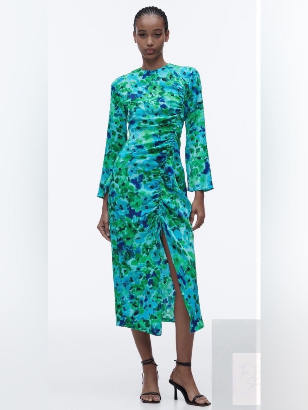 Zara Green Blue Watercolor Floral Print Ruched Front Midi Dress Long Sleeve MED